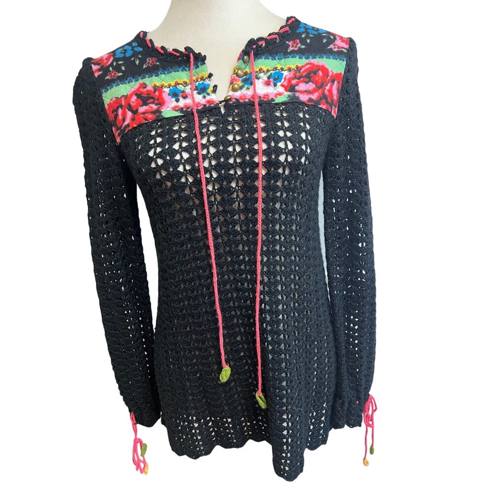 Free People Crochet Look Sweater Tunic Boho Festival Wool Blend Black Floral | S